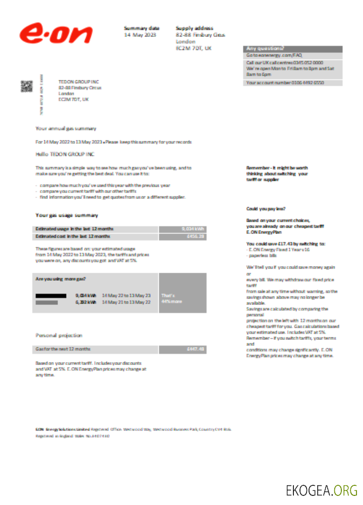 Facture d'entreprise de services publics d'E.ON au Royaume-Uni, SCR 1 template